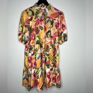 Floral Collared Tiered Puff Sleeve Button-Front Short Dress, Multicolor Abstract